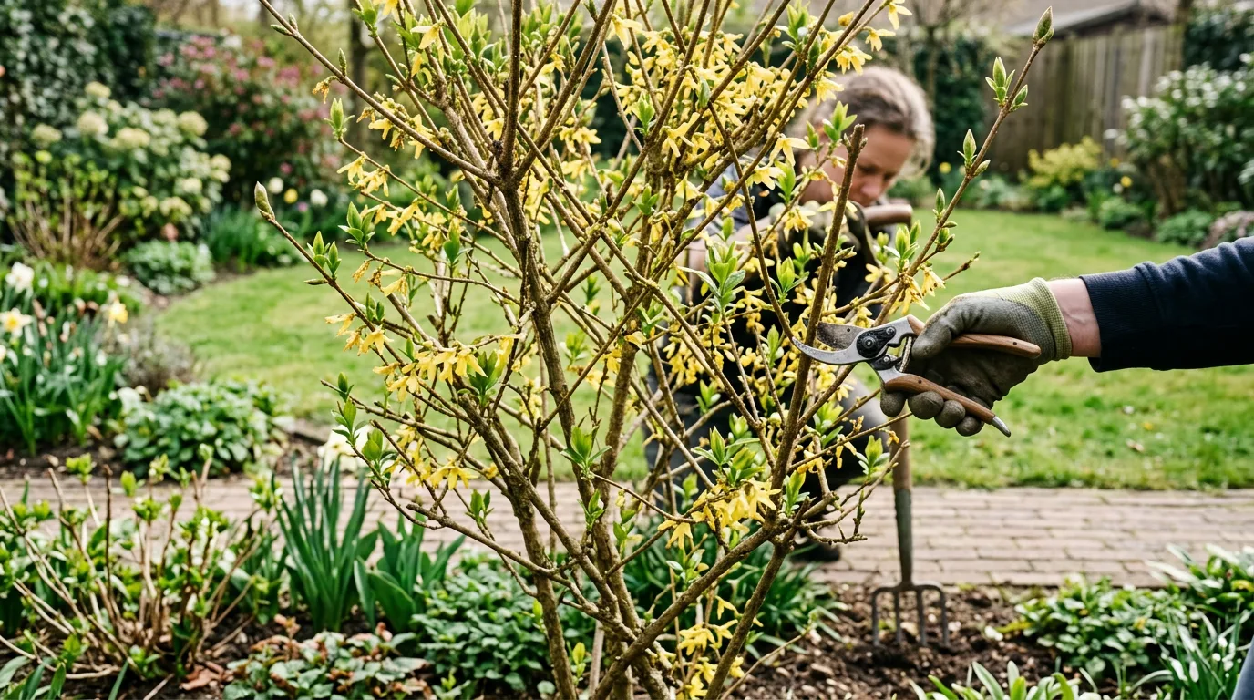 Forsythia-struik in volle bloei met gele bloemen en zichtbare takstructuur, tuinschaar in de hand voor het snoeien