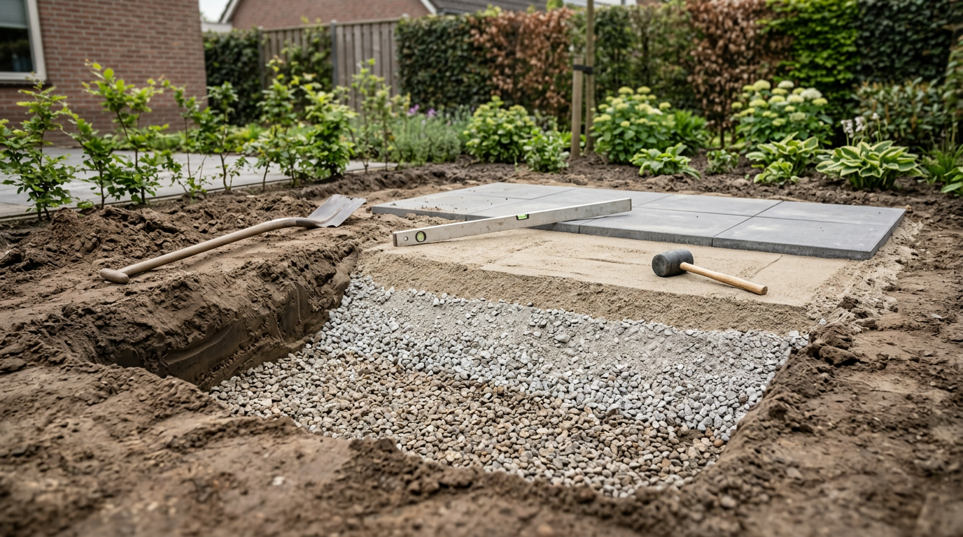 Uitgegraven terras op kleigrond met zichtbare lagen drainagegrind, funderingsmateriaal en stellaag, gereedschap ernaast en