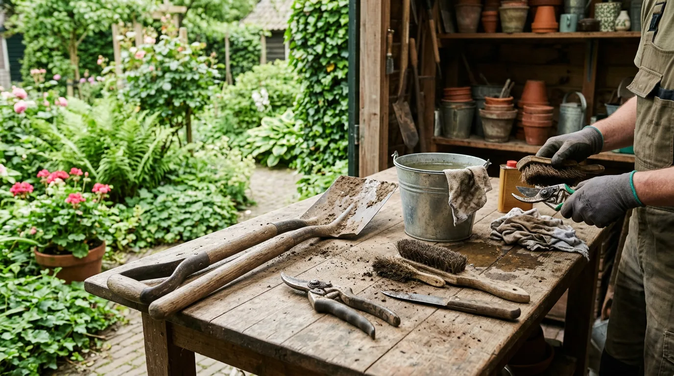 Werkbank in tuinschuur met schoon en vuil tuingereedschap, borstel, doek en emmer water voor reiniging