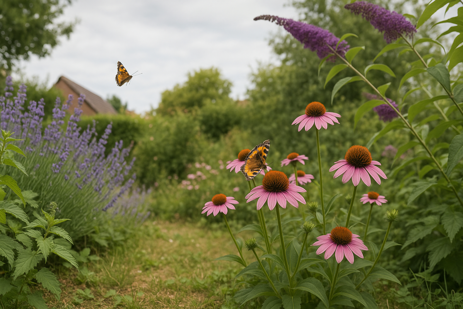 Nederlandse achtertuin in zomer met bloeiende lavendel, zonnehoed en vlinderstruik, twee vlinders op de bloemen, brandnetels
