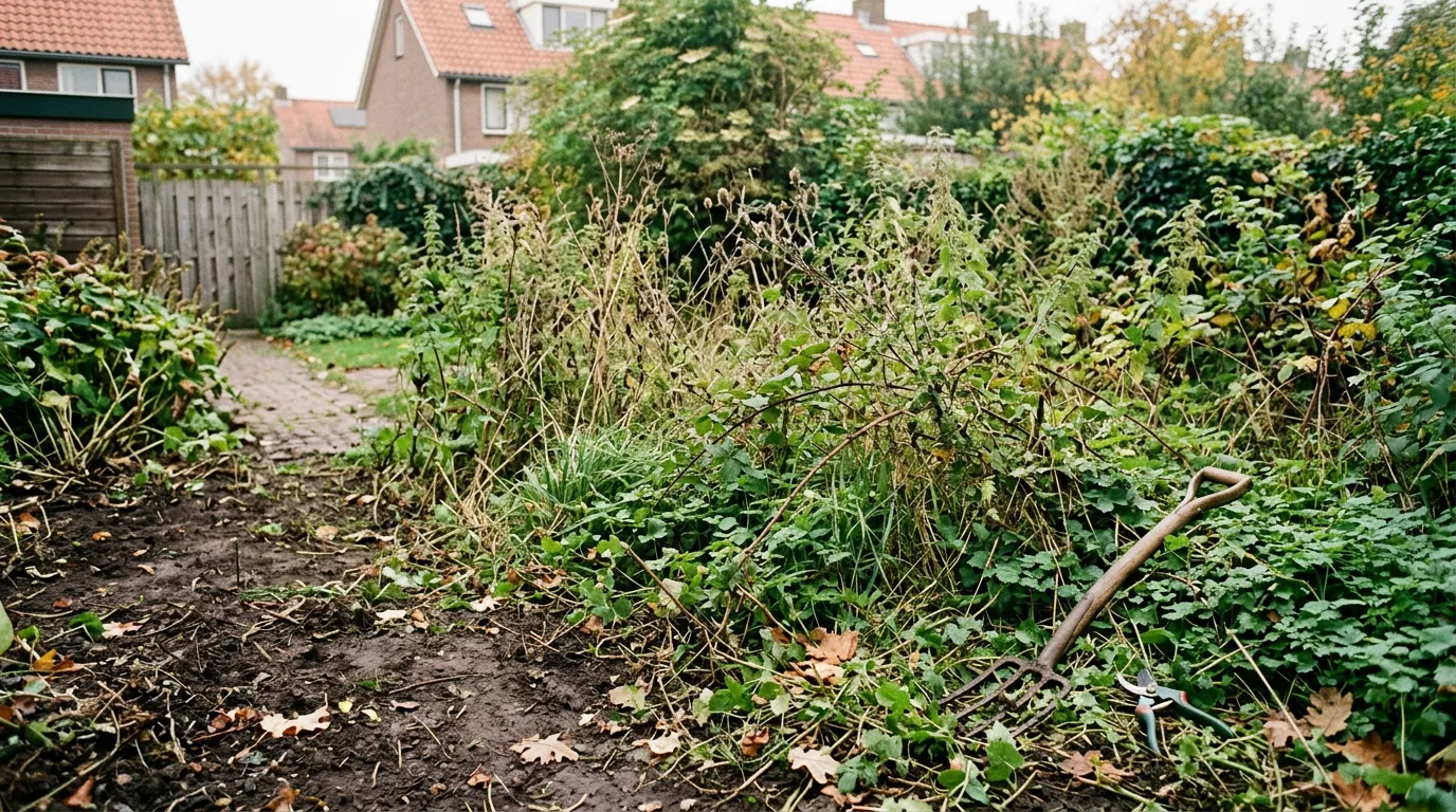Verwaarloosde achtertuin met hoog onkruid, brandnetels en zelfzaai tussen verwilderde borders, met een schoffel op de